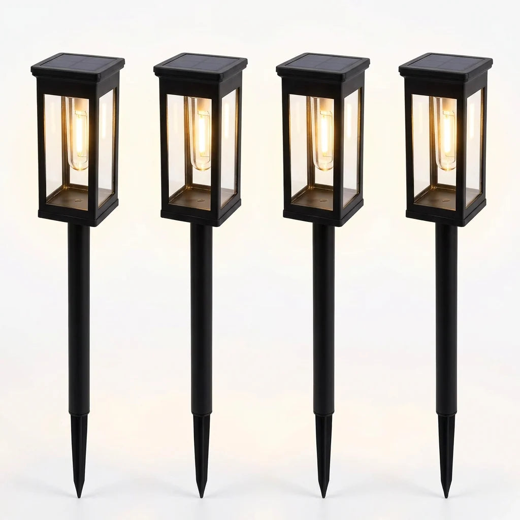Kit com 4 luminárias solares retrô de espeto para jardim